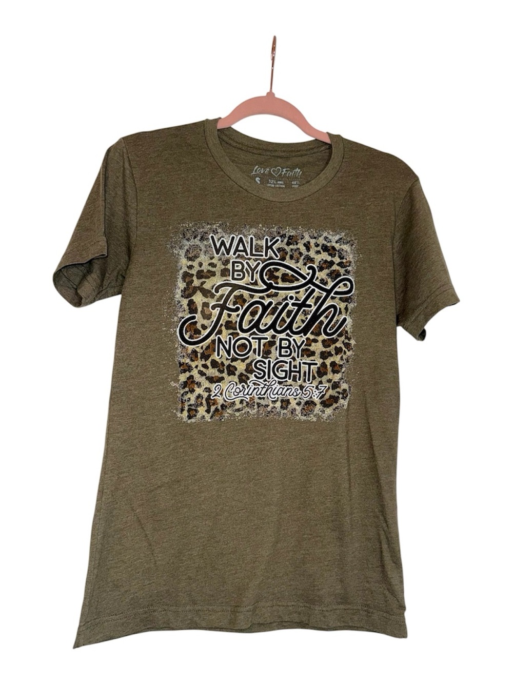 Olive Green 'Walk by Faith' Short Sleeve Tee, EUC, Size Small